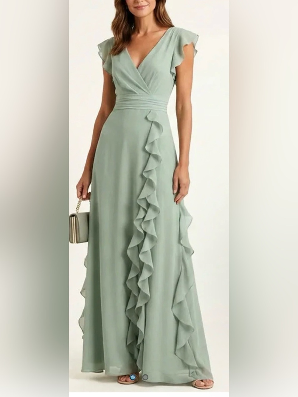 ✨ Brand New With Tags Sage Green Ruffle Chiffon Maxi Dress Size 12 ✨